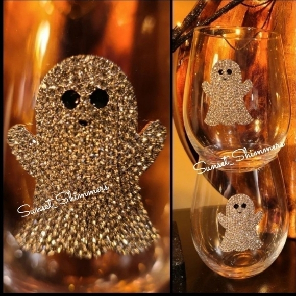 2pc Halloween GHOST Silver Crystal Rhinestone Stemless Wine Glass Set New - Picture 2 of 8